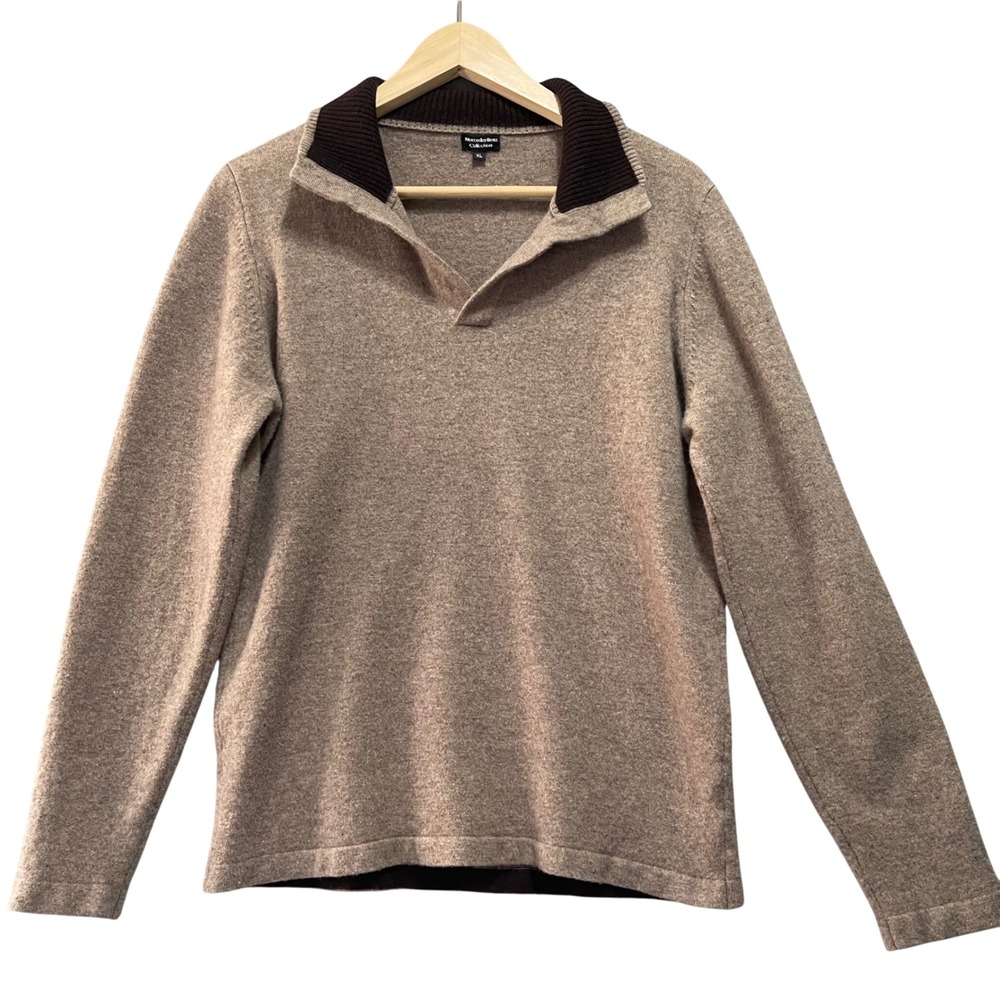 Mercedes‎ Benz Polo Sweater Mens XL Tan Wool Blend Long Sleeve Old Money Preppy